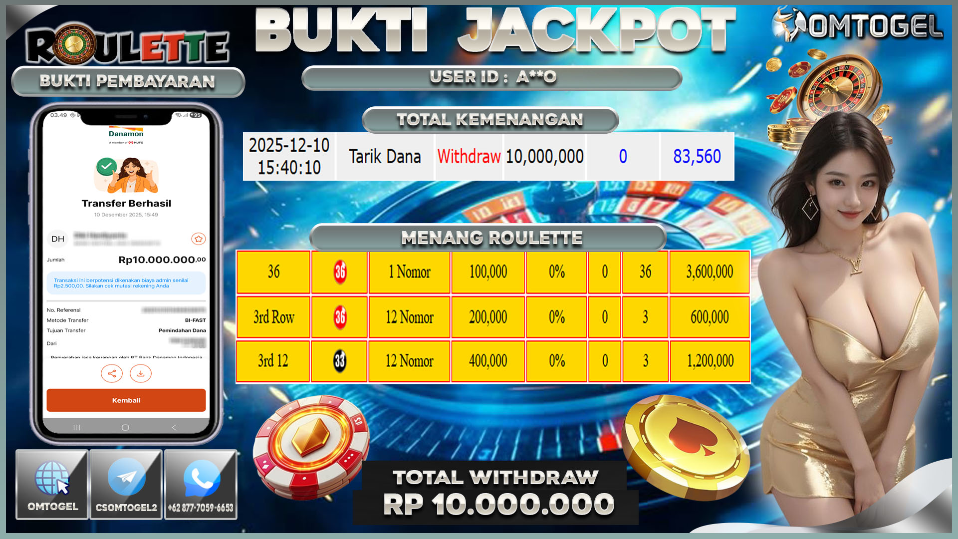 OMTOGEL JACKPOT LIVE GAMES ROULETTE ,10 JUTA DI BAYAR LUNAS ,-