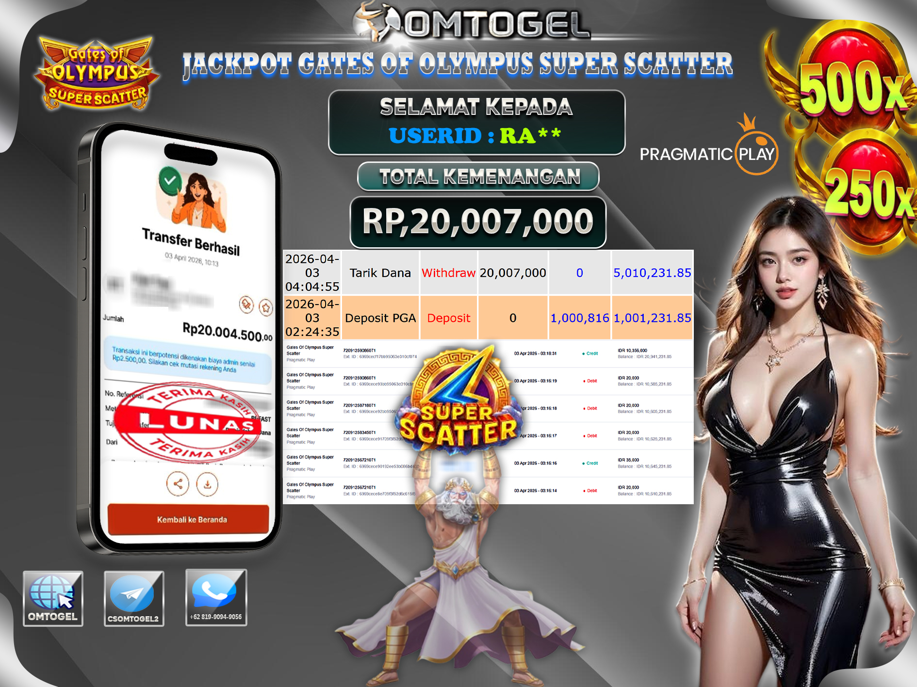OMTOGEL JACKPOT PRAGMATIC PLAY GATES OF OLYMPUS SUPER SCATTER, 20 JUTA DI BAYAR LUNAS ,-