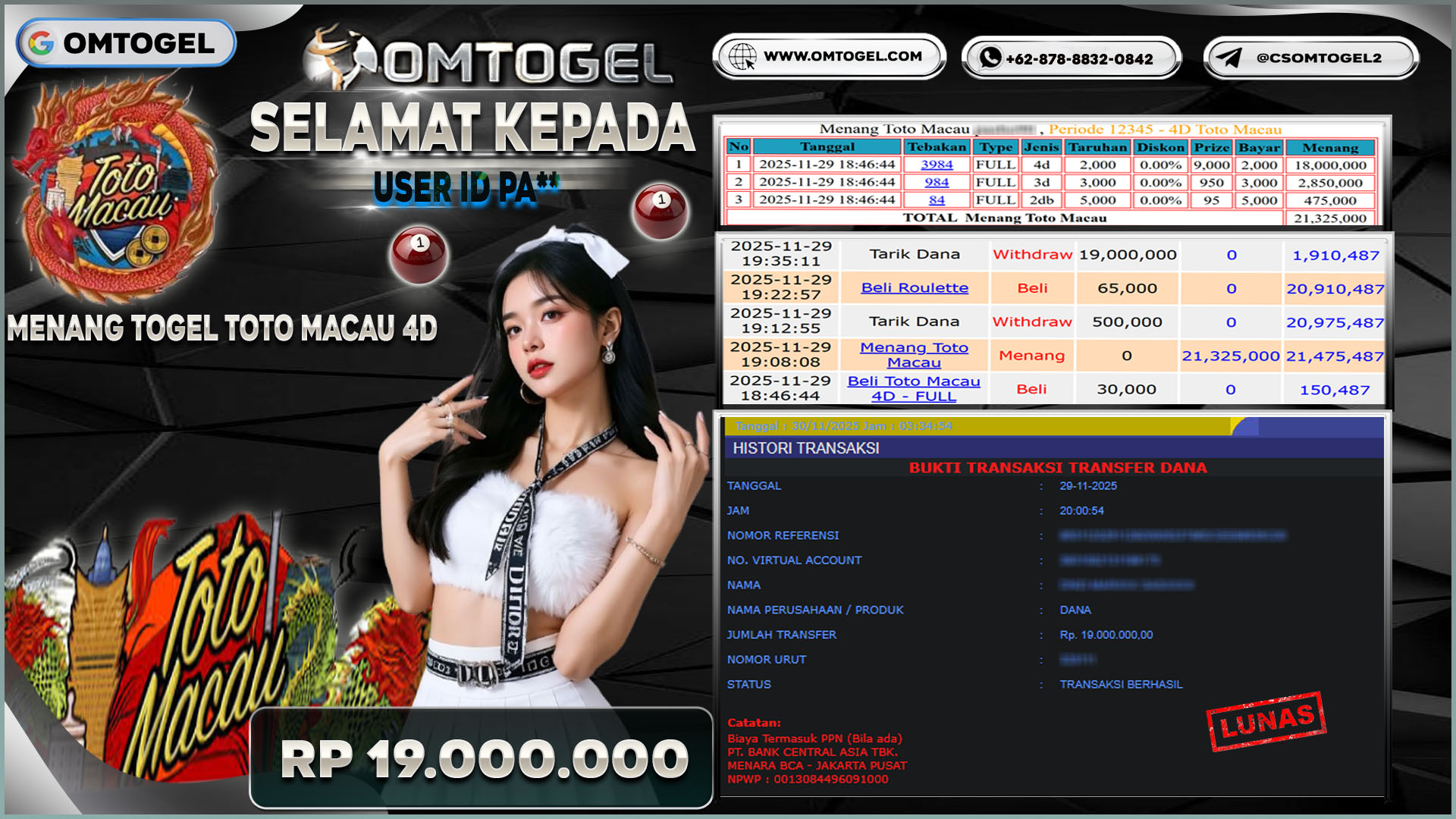OMTOGEL JACKPOT TOGEL TOTO MACAU 4D 3D 2D ,19 JUTA DI BAYAR LUNAS ,-