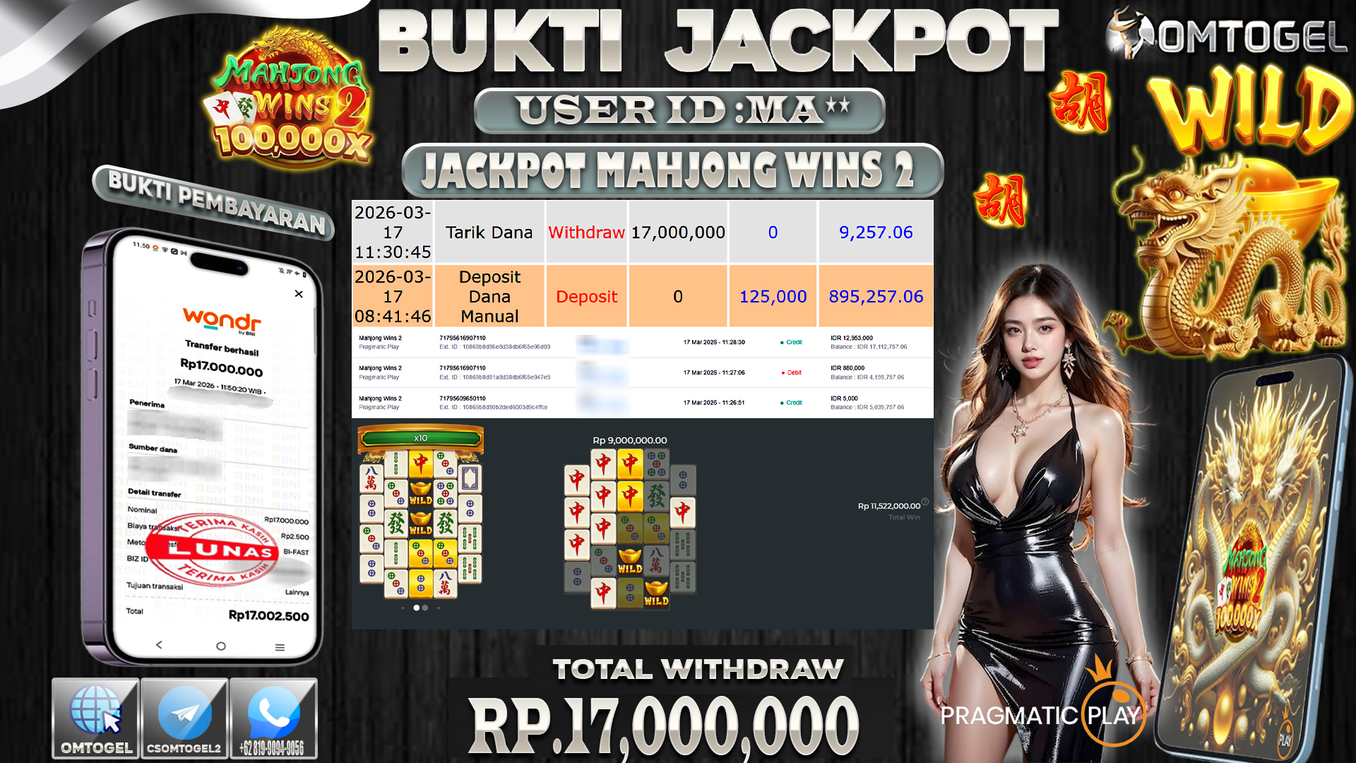 OMTOGEL JACKPOT PRAGMATIC PLAY MAHJONG WINS 2 , 17 JUTA DI BAYAR LUNAS ,-