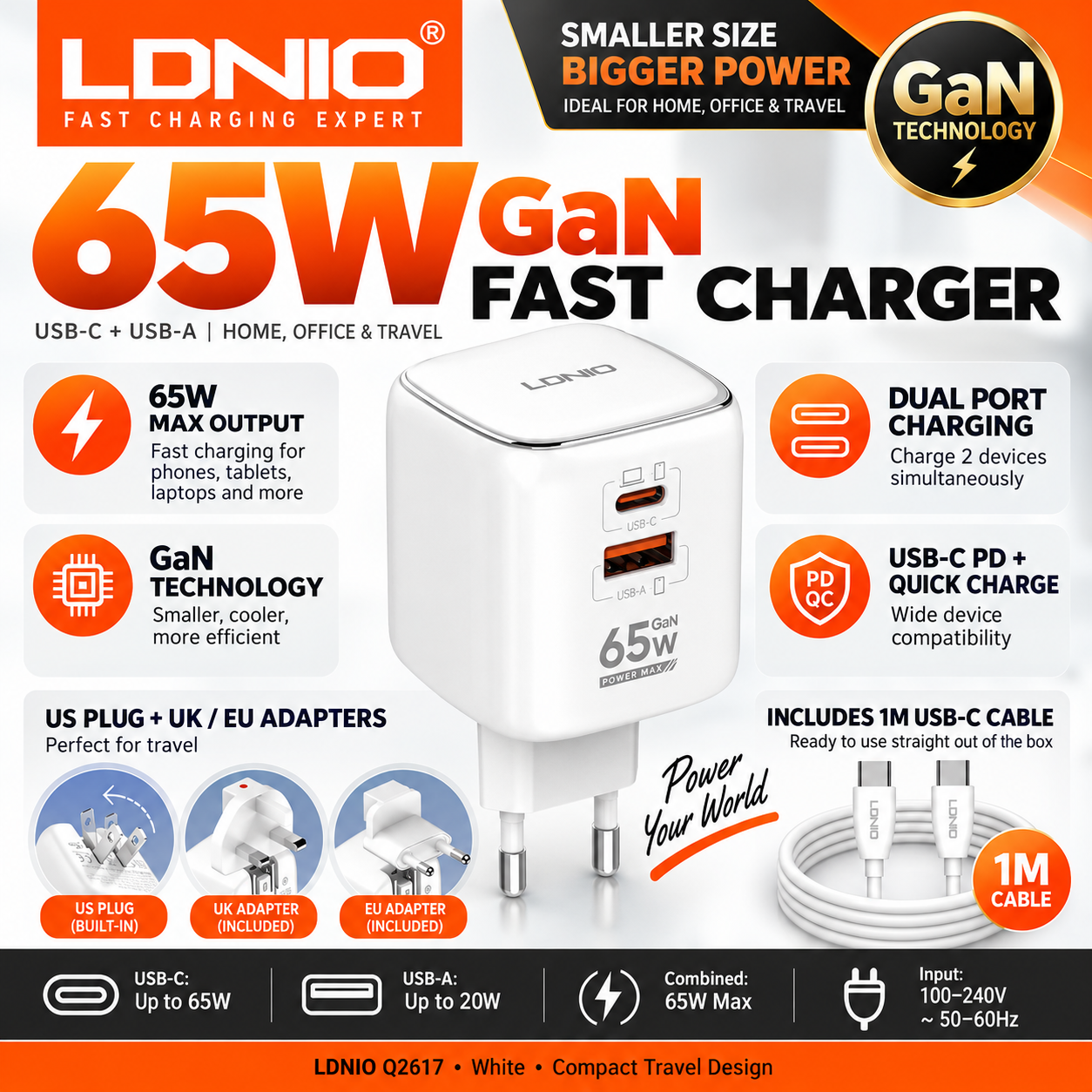 LDNIO 65W GaN fast charger Feature V2 infographic with UK and EU travel adapters