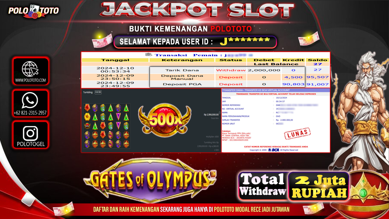 POLOTOTO JACKPOT SLOT GATES OF OLYMPUS Rp.2,000.000,-