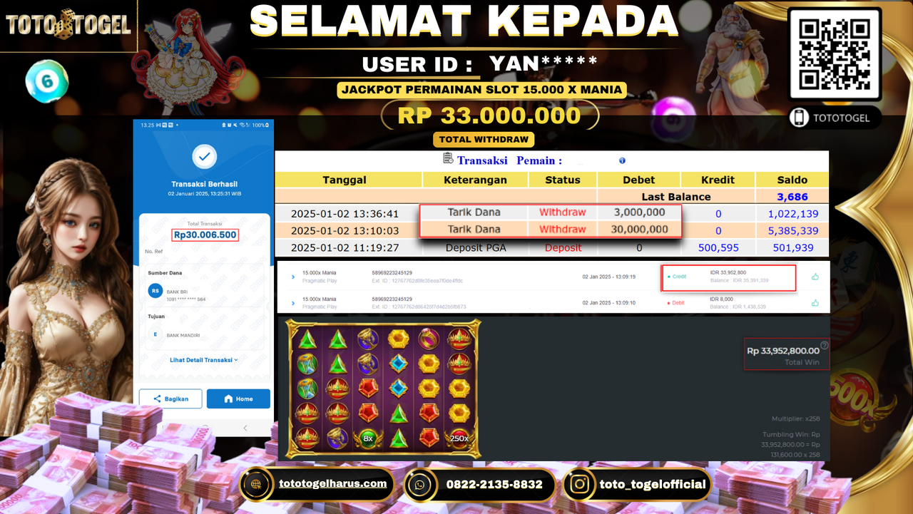 Bukti Pembayaran Jackpot  Permainan Slot 15.000 x Mania  : YAN**** LUNAS