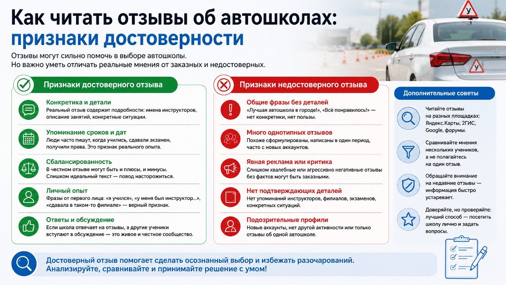 Как читать отзывы об автошколах: признаки достоверности
