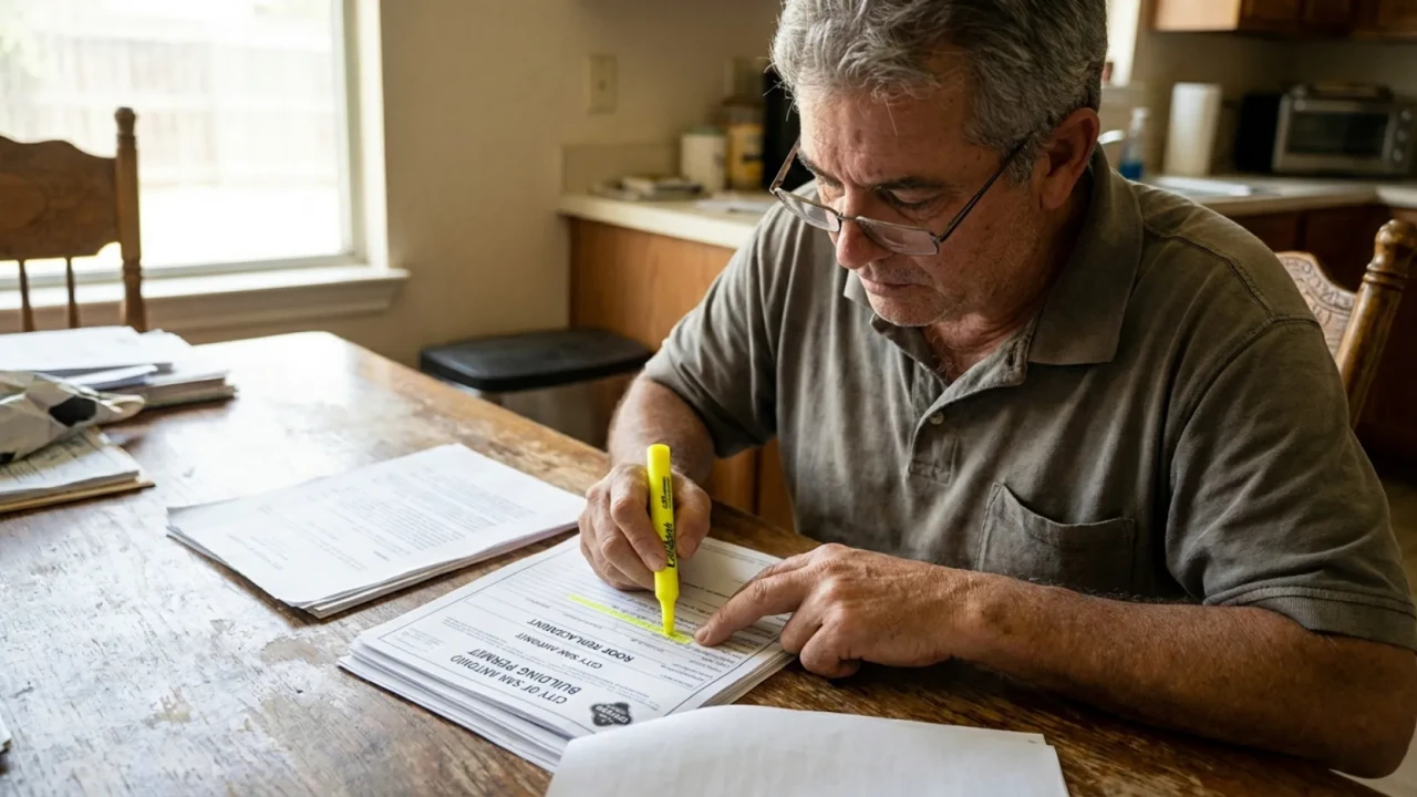 Homeowner reviewing roof replacement permit and schedule paperwork in San Antonio