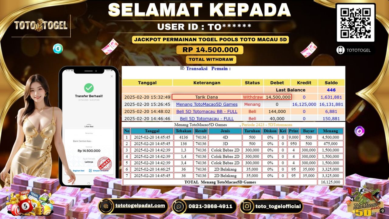Bukti Pembayaran Jackpot  Permainan Togel Pools Toto Macau 5D ID:TO***** LUNAS