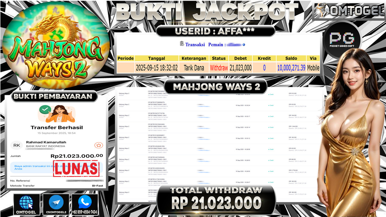 OMTOGEL JACKPOT PGSOFT MAHJONG WAYS 2 21 JUTA DI BAYAR LUNAS ,-