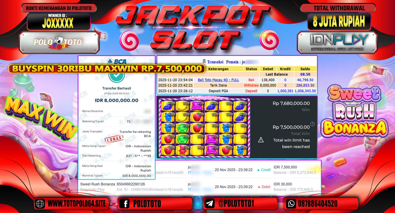 POLOTOTO JACKPOT SLOT SWEET RUSH BONANZA Rp.8.000.000,- LUNAS