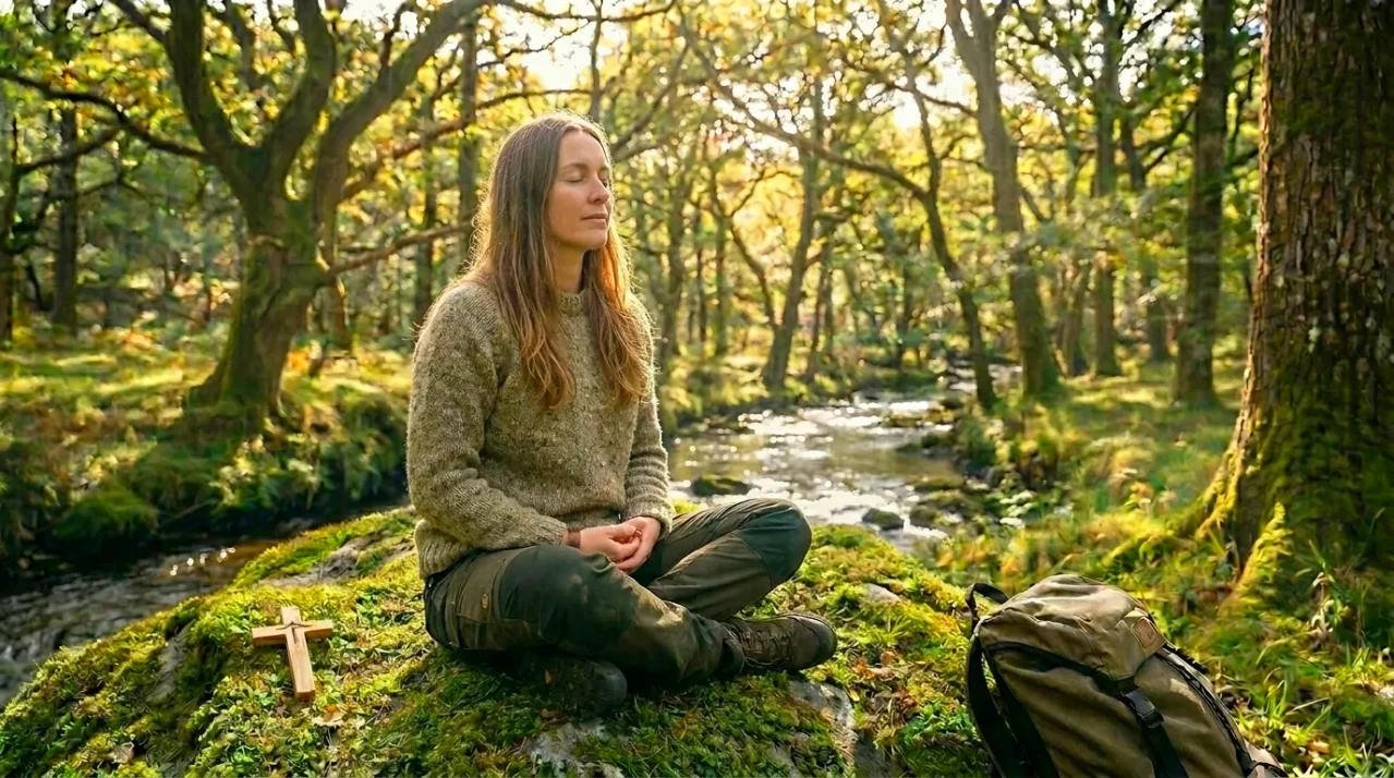 persona en calma en naturaleza escuchando en silencio con sensación espiritual