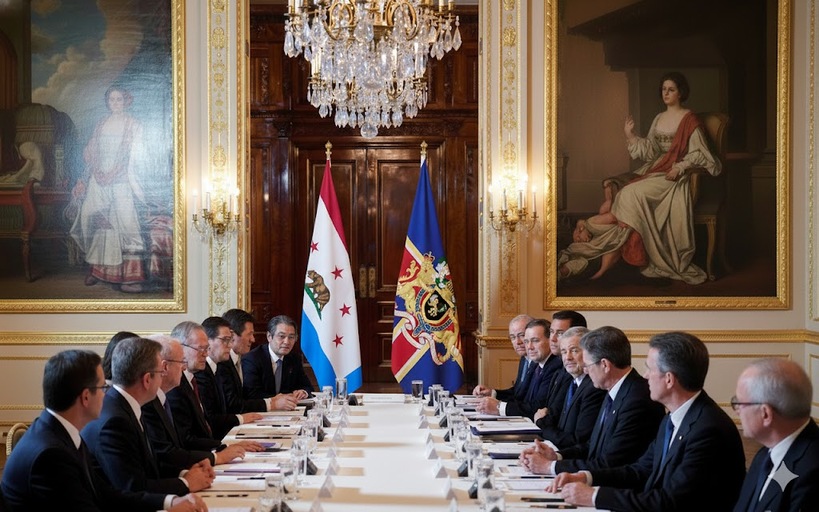 Les deux délégations échangeant sur les relations entre les deux pays.