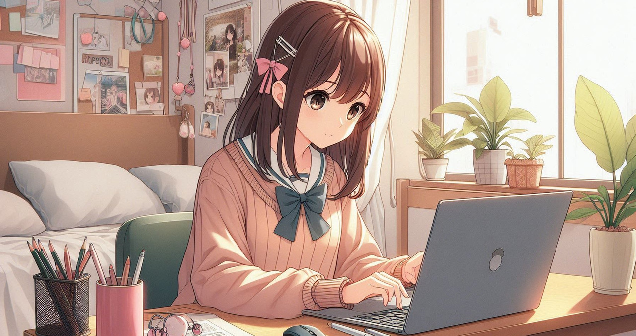 Garota imersa e concentrada no seu mundo tecnológico enquanto estuda usando plataformas digitais em seu notebook no quarto.