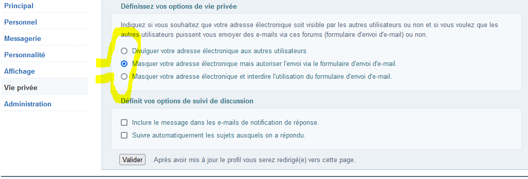 options de vie privé