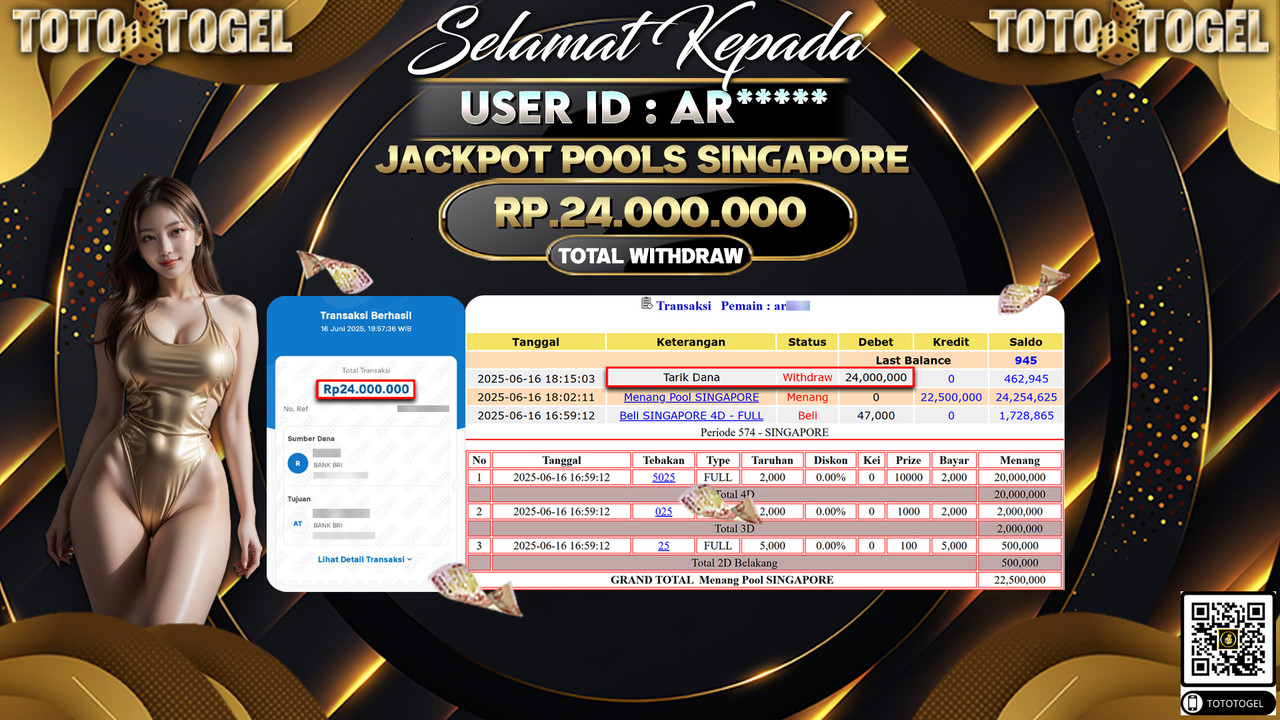 Bukti Pembayaran Jackpot Permainan Togel Pools Singapore ID:AR***** LUNAS