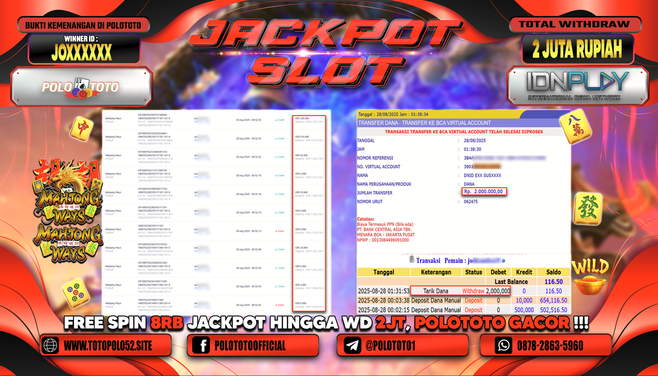 POLOTOTO JACKPOT SLOT MAHJONG WAYS Rp.2.000.000,- LUNAS