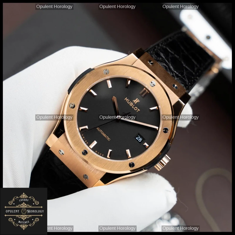 Hublot Classic Fusion King Gold Black Dial Automatic SW300 42mm Crocodile Strap