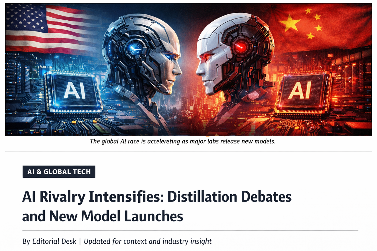 Illustration of US and China AI rivalry with futuristic robots and AI chips