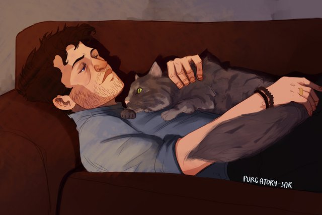 Witch Castiel & his Familiar, Dean, cuddling on their couch. Art by the wonderful @purgatory-jar on tumblr