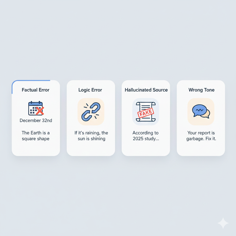 Infographic showing four types of AI errors: Factual, Logic, Hallucination, and Tone.