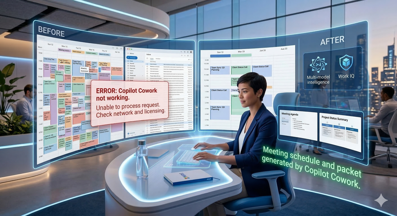 Before-and-after comparison: cluttered calendar with Copilot Cowork not working error on the left versus organized schedule and meeting packet generated by Copilot Cowork on the right