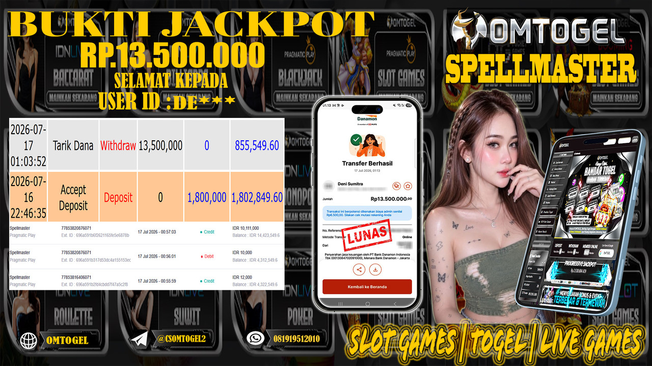 OMTOGEL JACKPOT PRAGMATICPLAY SPELLMASTER  Rp.13,500,000,- DIBAYAR LUNAS