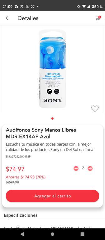 Del sol en linea: Audífonos sony manos libres 
