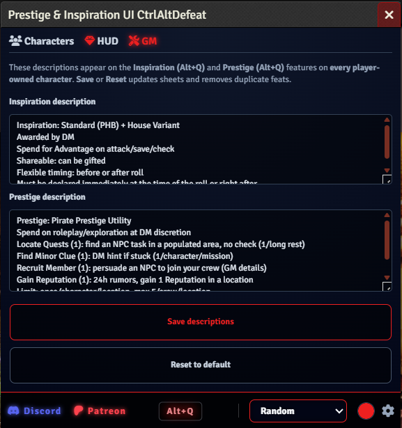 Custom Inspiration and Prestige Settings