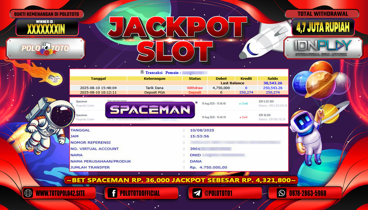 POLOTOTO JACKPOT SLOT SPACEMAN Rp.4.700.000,-LUNAS