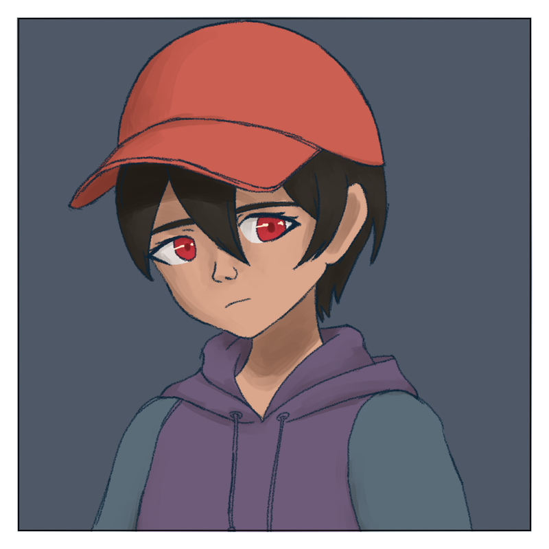 A digital drawing of Aura from the shoulders up. Aura has medium 
    tone skin and downturned red eyes. They wear a red baseball cap over black hair which is kept quite short. Aura is wearing a mauve hoodie which 
    has gray-blue sleeves.
