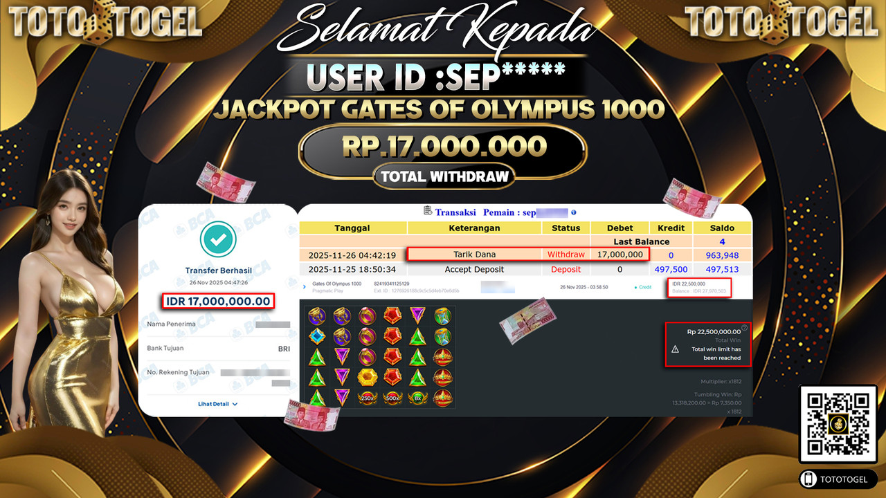 Bukti Pembayaran Jackpot Permainan Slot Gates Of Olympus 1000 ID:SEP***** LUNAS