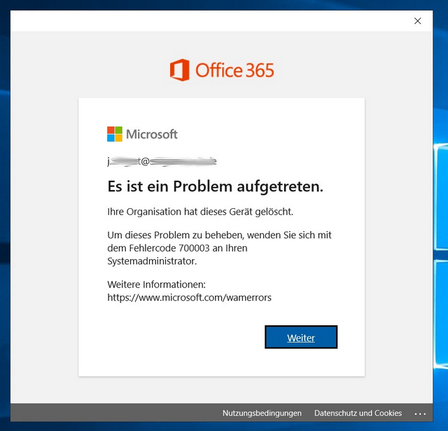 Office 365 Fehlercode 700003 