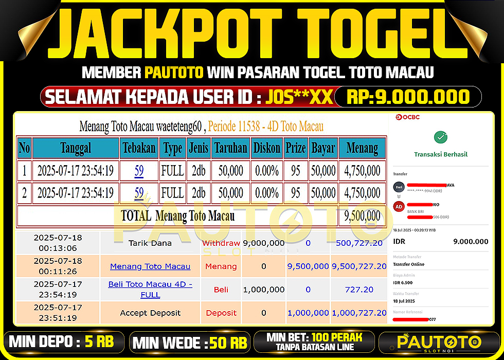 BUKTI PEMBAYARAN TGL 17 JULY 2025 MENANG DI PASARAN TOTO MACAU 4D TOTAL WD 9 JUTA