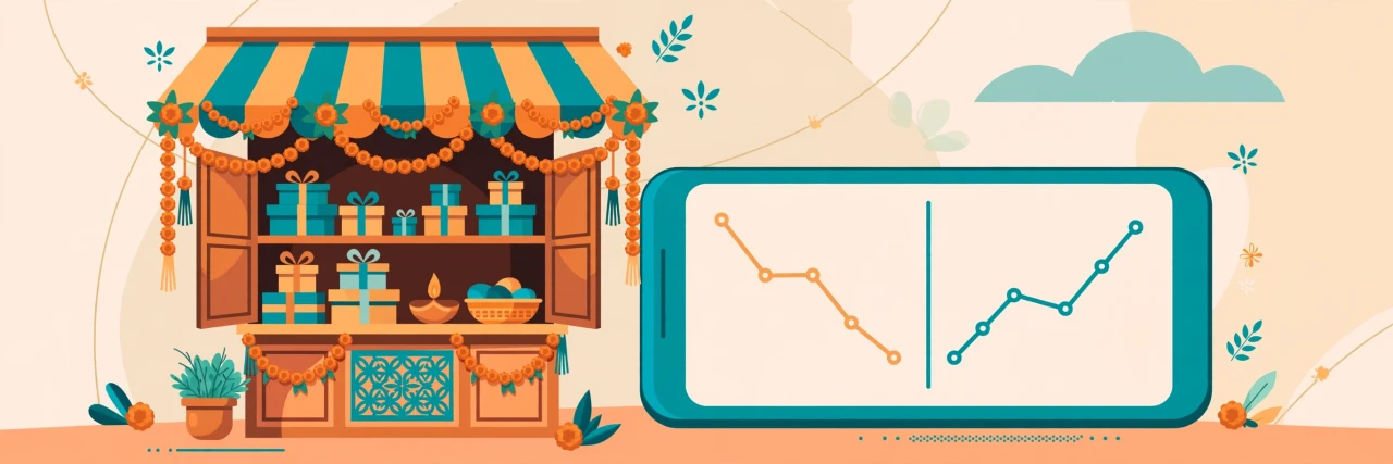 diwali festive sales 2026 small business slowdown — a small shop with festive garlands and gift boxes