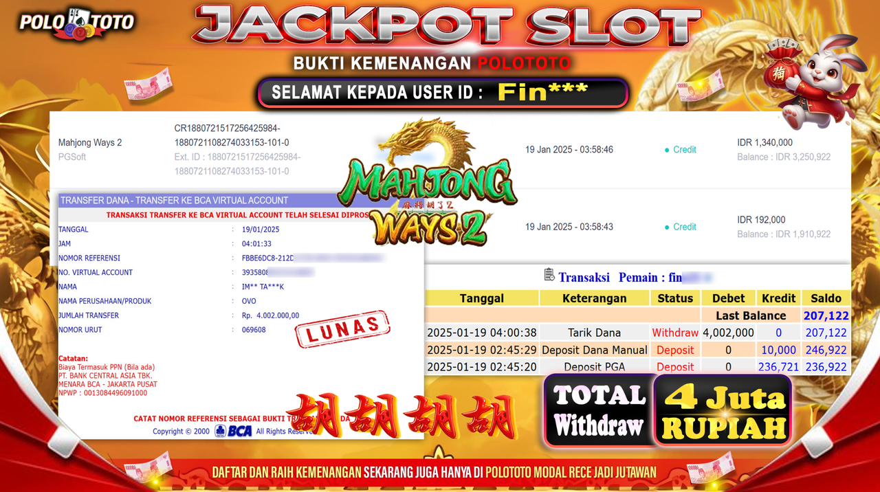 POLOTOTO JACKPOT SLOT MAHJONG WAYS 2 Rp.4,002.000,-