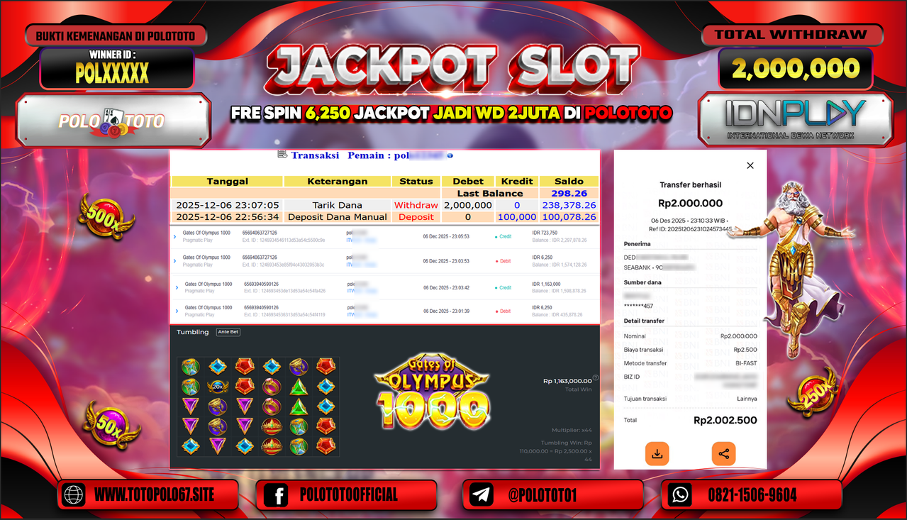 POLOTOTO JACKPOT SLOT GATES OF OLYMPUS 1000 Rp.2.000.000,- LUNAS