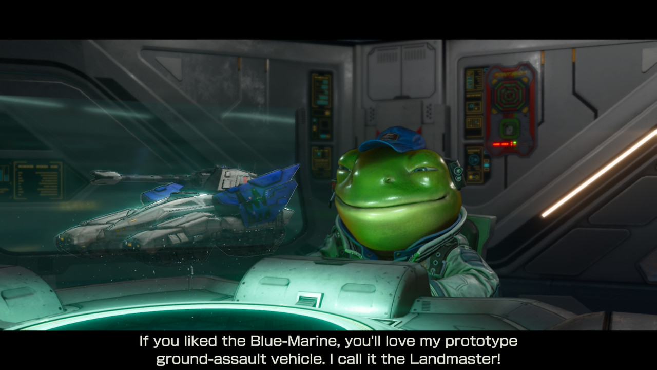 Slippy showcasing the Landmaster on the hologram during a mission briefing in Star Fox. 