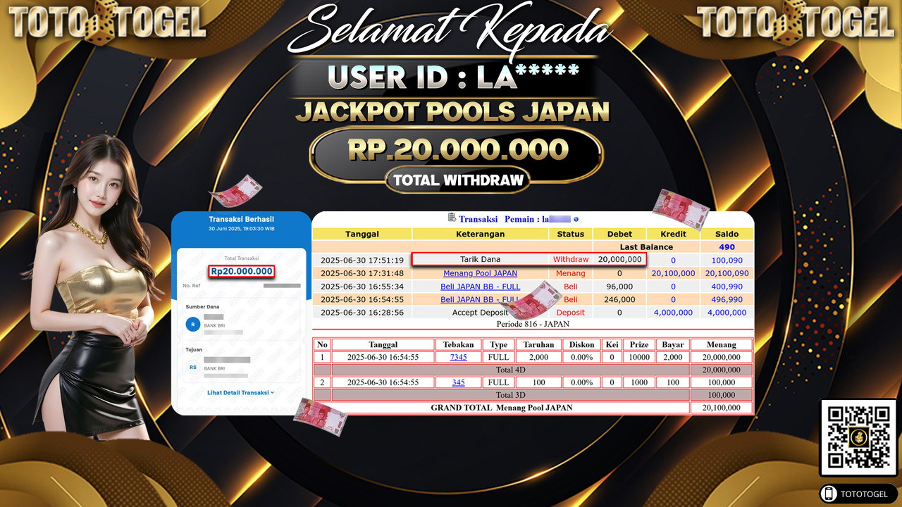 Bukti Pembayaran Jackpot Permainan Togel Pools Japan ID:LA***** LUNAS