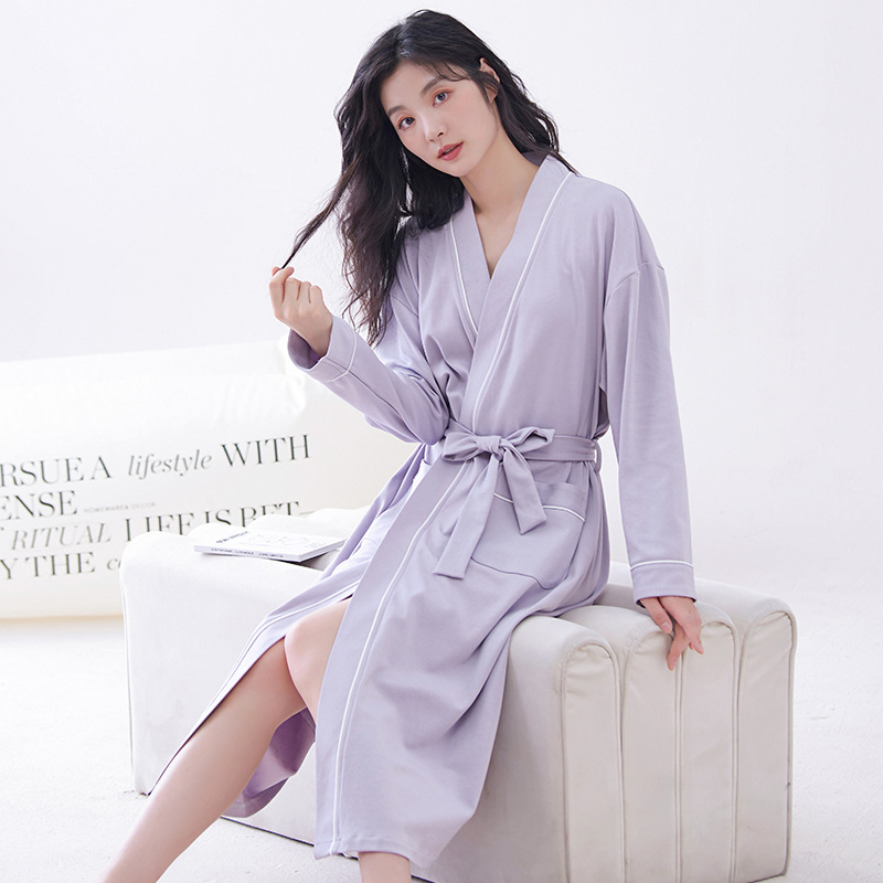 Purple M size Women's Cotton Robe — Autumn/Winter Bathrobe & Morning Gown | Long Sleeve, Mid-Length, Plus Size | Loose, Comfortable, and Machine Washable | Suitable for All Seasons