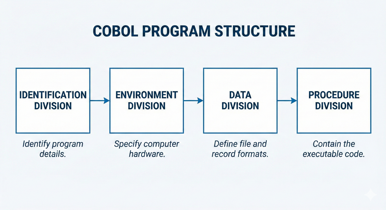 Diagram of COBOL program divided into identification, environment, data, and procedure divisions
