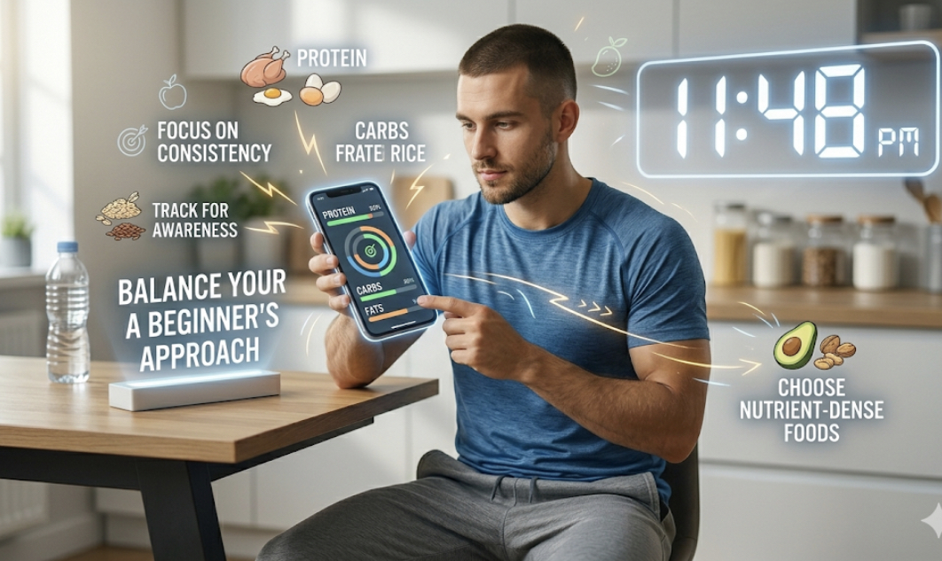 Person using macro tracking app on smartphone with food and measuring tape, showing balance macros beginners approach and diet balance for fitness