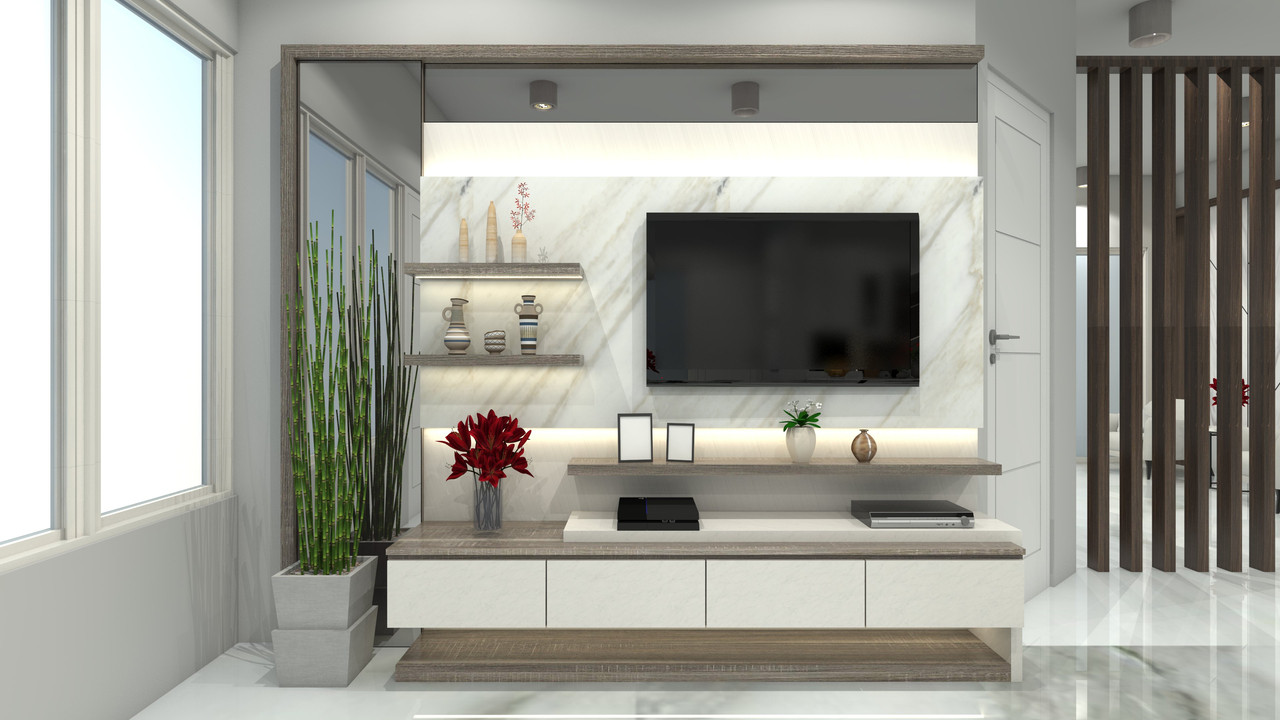 Modern White TV Unit Design With Open And Closed Storage