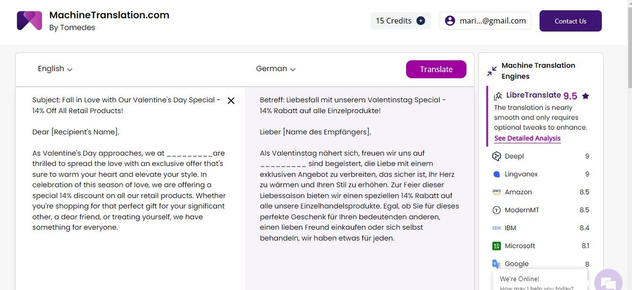Translating email from English to German using machinetranslation dot com=