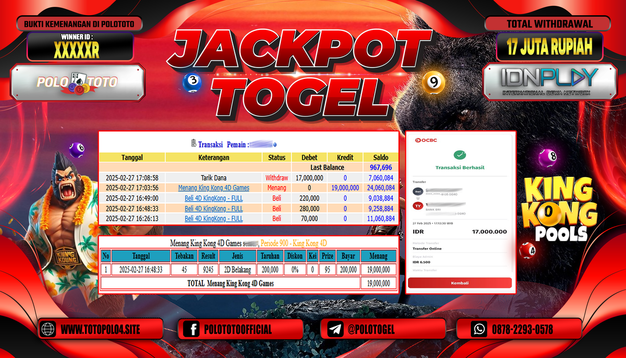POLOTOTO JACKPOT TOGEL KINGKONG 4D Rp.17.000.000,-