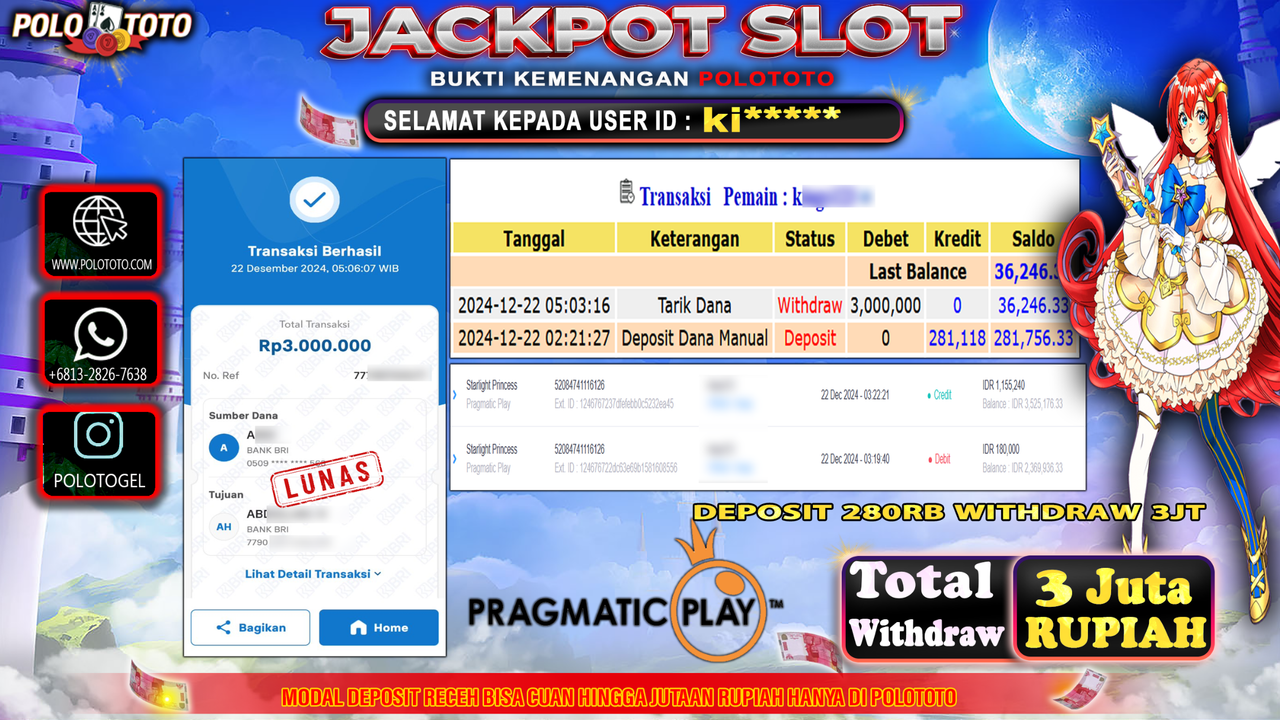 POLOTOTO JACKPOT SLOT STARLIGHT PRINCESS Rp.3,000.000,-
