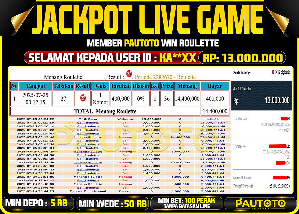 BUKTI PEMBAYARAN TGL 24 JULY 2025 MENANG DI PERMAINAN LIVE GAMES ROULETTE TOTAL WD 13 JUTA