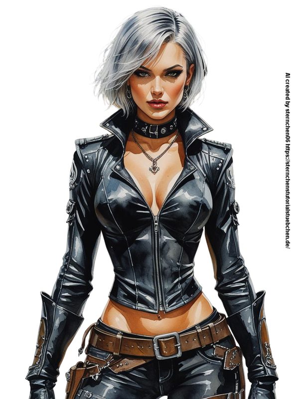 hells angel ,steampunk in black leather clothes, silver short Hair, aquarellpainting 4k, full body (