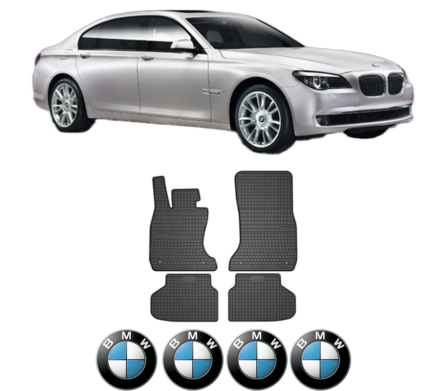 Set covorase presuri BMW Seria 7 (F01, F02, F03, F04) din 2008-2015, auto, din cauciuc thermoplastic, 4 Stickere auto cu BMW Seria