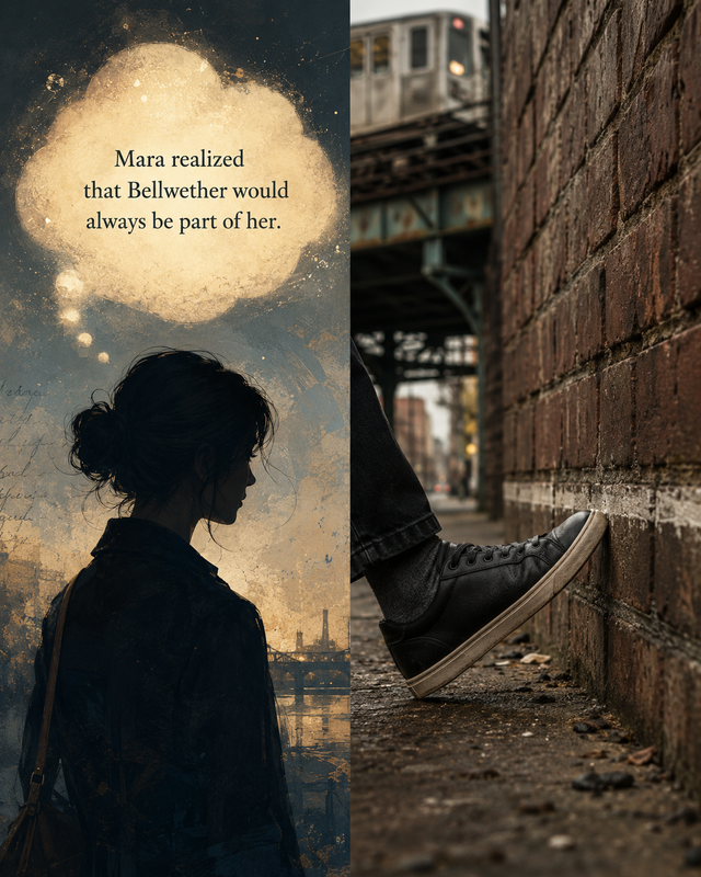Mara touching the pale waterline on old Bellwether brick with the toe of her shoe as the elevated train passes above