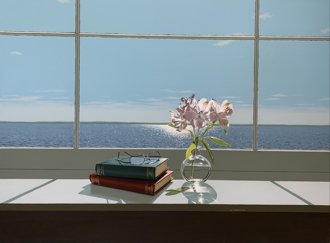 Flowers-in-Round-Vase-with-Two-Books-and-Reading-Glasses-20x40in-Oil-on-Canvas