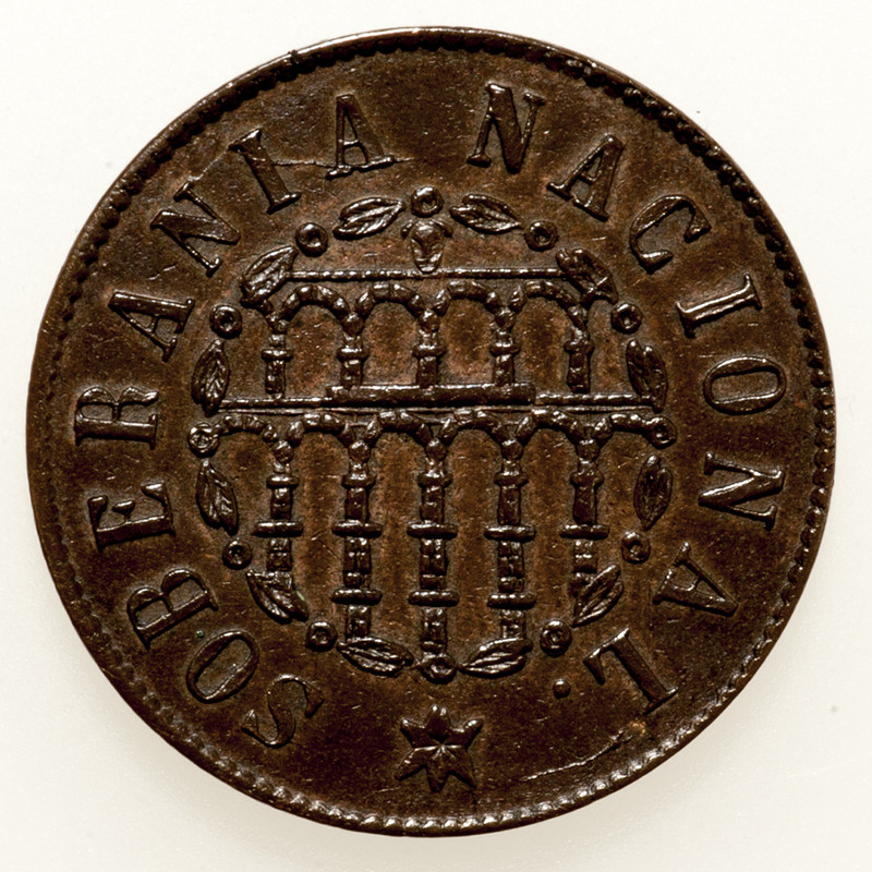 25 milésimas de escudo. Gobierno Provisional. Segovia 1868. Dedicada a 10 pfennig. PAS6355