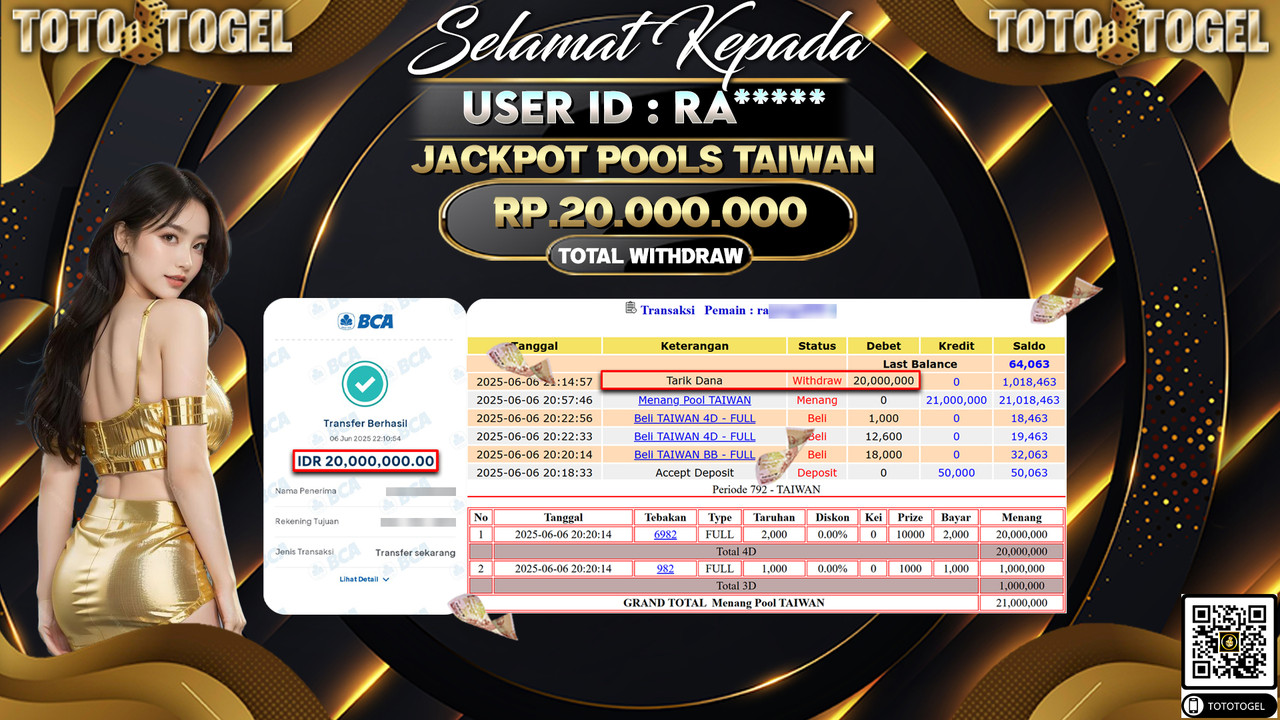 Bukti Pembayaran Jackpot Permainan Togel Pools Taiwan ID:RA***** LUNAS